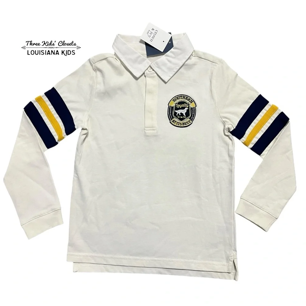 NEW Crown & Ivy 6Y Appliqué Stripes Long Sleeve Polo Shirt